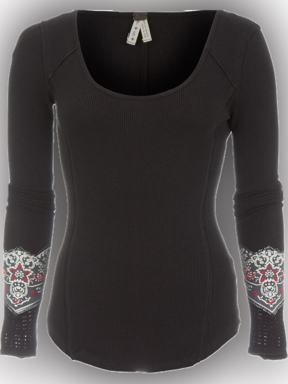 We The Free Black Waffle Knit Bandana Cuff Scoop Neck Long Sleeve Top